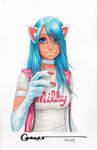  animal_ears bangs blue_eyes blue_hair cat_ears choker claws cup dated felicia lips long_hair marker_(medium) omar_dogan shirt signature simple_background solo t-shirt traditional_media vampire_(game) vest 