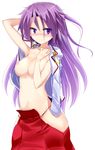  breasts hair_down jun'you_(kantai_collection) kantai_collection large_breasts long_hair looking_at_viewer mamo_williams messy_hair navel nipples no_panties purple_eyes purple_hair simple_background skirt smile solo white_background 