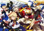  4girls ahoge blazblue blazblue:_continuum_shift blonde_hair blue_eyes blue_footwear bodysuit boots cape dual_persona hazama heterochromia jin_kisaragi lambda-11 mecha_musume mu-12 multiple_boys multiple_girls noel_vermillion official_art ragna_the_bloodedge red_hair silver_hair sugiyama_yuki tsubaki_yayoi 