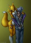  black_eyes breasts butt canine clothed clothing cuddling digimon eyewear female fox from_behind fur glasses gloves green_background green_eyes happy hat headgear humbird0 looking_down male nipples nude pants plain_background purple_fur pussy renamon smile standing suit white_fur yellow_fur 