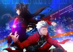  1boy 1girl anniversary archer black_bow black_hair black_skirt blue_eyes bow character_name cityscape closed_mouth copyright_name fate/stay_night fate_(series) grey_eyes hair_bow highres jewelry karasaki long_hair pendant red_shirt shirt skirt smile tohsaka_rin two_side_up white_hair 