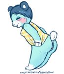  2019 anthro anus blue_fur blue_hair bluebear_(animal_crossing) blush bottomless butt clothed clothing electrikestorm eyes_closed female fur hair hi_res mammal presenting presenting_hindquarters pussy shirt simple_background smile solo standing ursid ursine white_background 