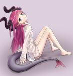  1girl arm_support bangs bare_legs barefoot blue_eyes bra brown_background closed_mouth curled_horns dragon_girl dragon_horns dragon_tail dress_shirt elizabeth_bathory_(fate) elizabeth_bathory_(fate)_(all) eyebrows_visible_through_hair fang fang_out fate/extra fate/extra_ccc fate_(series) from_side full_body head_tilt highres horns jd_(bibirijd) legs light_smile long_hair long_sleeves looking_at_viewer looking_back no_pants panties pink_bra pink_hair pink_panties pointy_ears see-through shadow shirt sitting sleeves_past_wrists solo tail two_side_up underwear very_long_hair white_shirt 