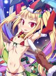  animal_ears armpits arms_up bad_id bad_pixiv_id bikini blazblue blonde_hair breasts bunny_ears christmas elbow_gloves food gloves hat long_hair micro_bikini midriff navel popsicle rachel_alucard red_eyes red_gloves ribs santa_hat small_breasts solo_focus swimsuit toraishi_666 twintails 