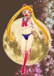  absurdres back_bow bishoujo_senshi_sailor_moon blonde_hair blue_eyes blue_panties blue_sailor_collar boots bow bowtie bra covering_mouth cutie_moon_rod full_body full_moon heart heart-shaped_pupils highres holding holding_wand knee_boots long_hair midriff moon panties red_bow red_footwear sailor_collar sailor_moon sailor_moon_narikiri_bra_set sailor_senshi_uniform sleeveless solo standing standing_on_one_leg star starry_background symbol-shaped_pupils tsukino_usagi twintails underwear underwear_only wand ymks8054 