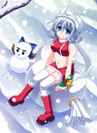  bare_shoulders blue_eyes boots fuji_tooya hat letty_whiterock miniskirt navel santa_boots santa_costume silver_hair skirt sleeveless snowman solo thighhighs touhou white_legwear 