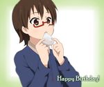  brown_eyes brown_hair eating food glasses happy_birthday holding holding_food k-on! manabe_nodoka mochi shizupu short_hair solo wagashi 