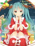  :t aqua_eyes aqua_hair bell christmas christmas_lights gift hatsune_miku jimmy long_hair merry_christmas panties pantyshot pantyshot_(sitting) santa_costume sitting skirt solo star star-shaped_pupils symbol-shaped_pupils twintails underwear vocaloid 