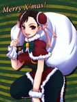  1girl brown_eyes brown_hair capcom christmas chun-li double_bun double_buns earrings ears female fur_trim highres hips jewelry looking_at_viewer open_mouth sack siro_(hue_white) smile solo street_fighter street_fighter_ii teeth tongue wide_hips 