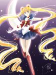 2013 :d back_bow bishoujo_senshi_sailor_moon blonde_hair blue_eyes blue_sailor_collar blue_skirt boots bow choker crescent_moon dated drill_hair elbow_gloves gloves highres knee_boots long_hair moon open_mouth outstretched_arms red_bow red_choker red_footwear sailor_collar sailor_moon sailor_senshi_uniform sakura12140814 signature skirt smile solo spread_arms tsukino_usagi twintails very_long_hair white_gloves 
