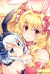  2girls animal_ears anne_bonny_(fate/grand_order) bangs bare_shoulders black_hairband blonde_hair blue_eyes blue_hair blush breasts bunny_ears closed_mouth commentary_request eyebrows_visible_through_hair facial_scar fake_animal_ears fate/grand_order fate_(series) hagino_kouta hair_between_eyes hairband long_hair mary_read_(fate/grand_order) medium_breasts multiple_girls puffy_short_sleeves puffy_sleeves red_eyes red_sleeves scar short_sleeves smile strapless twitter_username 