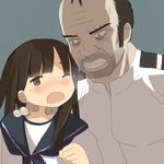  1girl angry balding blush brown_hair crossover d; grand_theft_auto_v hand_on_another's_neck hatsuyuki_(kantai_collection) kantai_collection looking_at_viewer one_eye_closed open_mouth school_uniform serafuku teardrop trevor_philips wince zakone 