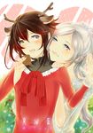  biscuit blue_eyes brown_hair christmas feeding food highres long_hair milucky multiple_girls ruby_rose rwby short_hair silver_eyes weiss_schnee white_hair yuri 