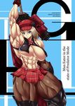  1girl abs alisa_ilinichina_amiella arm_up armpits black_gloves breasts extreme_muscles gloves god_eater holding holding_weapon large_breasts miniskirt muscle pantyhose plaid plaid_skirt purukogi_(plasma_beach) short_skirt simple_background skirt solo thick_thighs thighs weapon 