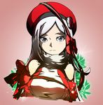  adapted_costume aila_jyrkiainen bad_id bad_pixiv_id bare_shoulders blue_eyes blush breasts christmas elbow_gloves fur_trim gloves gundam gundam_build_fighters guratan hat long_hair medium_breasts pink_background ribbon silver_hair simple_background solo upper_body 