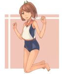  barefoot blush brown_eyes brown_hair i-401_(kantai_collection) kantai_collection one-piece_swimsuit peroncho ponytail school_swimsuit short_hair short_ponytail smile solo swimsuit swimsuit_under_clothes 