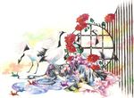  bird birds crane flower hair_ribbon hair_ribbons japanese_clothes kimono long_hair lying ribbon ribbons uko_(artist) 