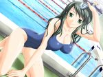  arm_support breasts cleavage covered_nipples drain_(object) dutch_angle game_cg goggles goggles_removed green_eyes green_hair impossible_clothes impossible_swimsuit joshiryou_joku_~ryouke_bijin_shimai_odorigui~ kneeling lane_line large_breasts long_hair lugosi_ela non-web_source one-piece_swimsuit pool pool_ladder poolside refraction school_swimsuit solo swim_cap swimsuit takanashi_mizuho water 
