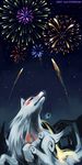  amaterasu animal bodypaint fireworks full_moon issun looking_up moon night night_sky no_humans ookami_(game) sky teatea wolf 