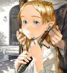  adjusting_hair aratagawa_nikei blonde_hair blue_eyes child crown dagger door elf face forehead hair_ornament hands head_out_of_frame holding knife long_hair original pointy_ears shadow solo_focus upper_body water weapon 