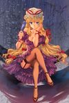  bad_id bad_pixiv_id blonde_hair blue_eyes breasts cleavage crossed_legs dress frilled_dress frills gap garter_belt hair_ribbon high_heels highres large_breasts long_hair pico_(picollector79) purple_eyes ribbon sandals shoes sitting solo thighhighs touhou very_long_hair yakumo_yukari 