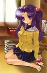  bad_feet bad_id bad_pixiv_id barefoot book clannad hair_bobbles hair_ornament ichinose_kotomi kneeling long_hair nakada_rumi purple_eyes purple_hair solo two_side_up 