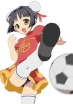  amatsuka_seika baby_princess ball blue_panties bun_cover china_dress chinese_clothes double_bun dress flat_chest grey_hair high_kick kicking kusaka_souji panties pantyshot soccer soccer_ball solo telstar thighhighs underwear white_legwear yellow_eyes 