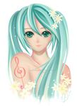  aqua_eyes aqua_hair flower flowers hatsune_miku highres music simple_background tattoo twintails vocaloid 