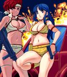  80s bad_id bad_pixiv_id blue_hair breasts curvy dark_skin dirty_pair energy_gun fire gun handgun headband kei_(dirty_pair) large_breasts long_hair masao midriff multiple_girls oldschool ray_gun red_hair rifle short_hair skindentation weapon yuri_(dirty_pair) 