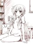  blush china_dress chinese_clothes dress ixpellia kusakami_akira lyrical_nanoha mahou_shoujo_lyrical_nanoha_strikers mahou_shoujo_lyrical_nanoha_strikers_sound_stage_x monochrome pink sitting solo 