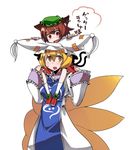  animal_ears blonde_hair brown_hair carrying cat_ears cat_tail chen earrings fang fox_tail getter_robo hat hitsuji_bako jewelry long_sleeves multiple_girls multiple_tails no_nose parody pillow_hat short_hair shoulder_carry simple_background tail tassel touhou translated white_background wide_sleeves yakumo_ran yellow_eyes 