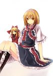  alice_margatroid arm_support bad_id bad_pixiv_id blonde_hair blue_eyes boots capelet cross-laced_footwear doll dress hair_ribbon hijiri_(resetter) knee_boots lace-up_boots long_hair on_floor orange_eyes ribbon shanghai_doll short_hair sitting smile solo staring touhou 