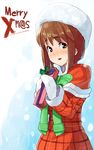  blush bob_cut capelet christmas fur_hat gift hagiwara_yukiho haruno_shuu hat holding holding_gift idolmaster idolmaster_(classic) idolmaster_live_for_you! light_smile looking_at_viewer mittens red_capelet santa_costume scarf shy snow solo texture 