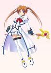  amarotamaro brown_hair fingerless_gloves gloves hair_ribbon long_hair lyrical_nanoha magical_girl mahou_shoujo_lyrical_nanoha purple_eyes raising_heart ribbon solo takamachi_nanoha thighhighs twintails uniform zettai_ryouiki 