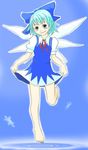  barefoot blue_eyes blue_hair cirno curtsey feet ribbon short_hair smile solo touhou wabi_(wbsk) wings 