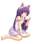  amarotamaro animal_ears barefoot blue_eyes cat_ears cat_paws fang feet hazuki_(tsukuyomi) long_hair one_eye_closed paws purple_hair solo tsukuyomi_moonphase 