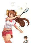  1girl armpit_peek badminton badminton_racket brother_and_sister brown_eyes brown_hair hair_ribbon long_hair original racket ribbon shorts siblings sportswear suoni_(deeperocean) sweat 