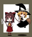  blonde_hair braid broom broom_riding brown_eyes chibi dollar_sign drooling floating gohei hakurei_reimu hat hitsuji_bako kirisame_marisa multiple_girls orange_eyes sidesaddle symbol-shaped_pupils touhou witch_hat 