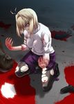  ahoge arcueid_brunestud black_sclera blonde_hair blood breasts breath death dismemberment full_moon guro large_breasts miyai_sen moon pantyhose purple_skirt red_eyes severed_limb short_hair skirt solo squatting sweater torn_clothes torn_legwear tsukihime turtleneck warcueid yellow_eyes 