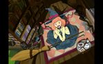  :d bangs blunt_bangs book bookshelf broom from_above happy hat highres open_mouth orange_hair original red_eyes smile solo wallpaper witch witch_hat yammy_(cellblo) 