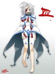  ahoge barefoot blazblue blue_nails cape eyepatch full_body hand_on_thigh kalno nail_polish nu-13 red_eyes shorts signature silver_hair simple_background solo standing white_hair 