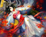  black_hair copyright_request japanese_clothes leaf long_hair lying maguchimo solo 