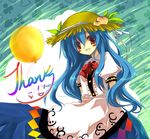  blue_hair blush english food fruit haco_(artist) hat hinanawi_tenshi leaf long_hair peach red_eyes solo touhou 