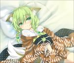  animal_ears braid fox_ears fox_tail green_eyes green_hair hair_over_shoulder japanese_clothes kimono original pillow saitou_kon shingetsu_takehito solo tail twin_braids 