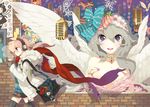  angel_wings bag blush bow collar grey_hair hair_bow headband headphones jacket microphone multiple_girls original pink_hair purple_eyes red_scarf scarf steam studio_microphone taruk tears thighhighs vintage_microphone wings 