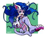  animal_ears bad_id bad_pixiv_id big_hair blue_eyes blue_hair cat_ears cat_paws cat_tail feet felicia kansou_samehada long_hair paws solo tail vampire_(game) 