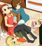  ahoge barefoot blonde_hair brown_eyes brown_hair bunny chips controller famicom feet food game_console game_controller gamepad green_eyes hagiwara_yukiho hairband heater hoshii_miki idolmaster idolmaster_(classic) idolmaster_1 lying minase_iori multiple_girls pantyhose playing_games potato_chips red_eyes short_hair sitting solar_kaichuudentou stuffed_animal stuffed_bunny stuffed_toy video_game white_legwear 