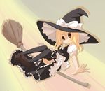  blonde_hair broom broom_riding hat kirisame_marisa long_hair miko_machi ribbon sidesaddle socks solo touhou witch witch_hat yellow_eyes 