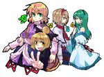  :d alice_margatroid bad_id bad_pixiv_id bare_shoulders blonde_hair detached_sleeves expressionless frog_hair_ornament from_side green_eyes green_hair hair_ornament kochiya_sanae kurodani_yamame mizuhashi_parsee multiple_girls open_mouth pointy_ears profile simple_background sitting smile tadano_kagekichi touhou white_background 
