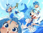  :d against_glass blue_eyes blue_hair blush_stickers cirno clone close-up day excited face flying frog haruno_shuu kanji open_mouth outstretched_arms short_hair sky smile splashing spread_arms touhou water |_| 